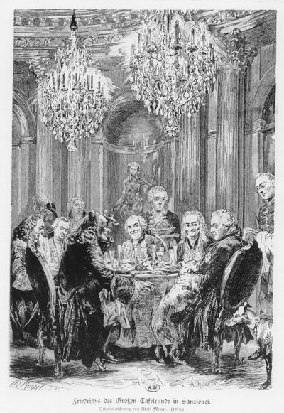 Voltaire sitzt neben König Friedrich II. im Schloss Sanssouci, Potsdam, Deutschland, 1878 von Adolph Menzel